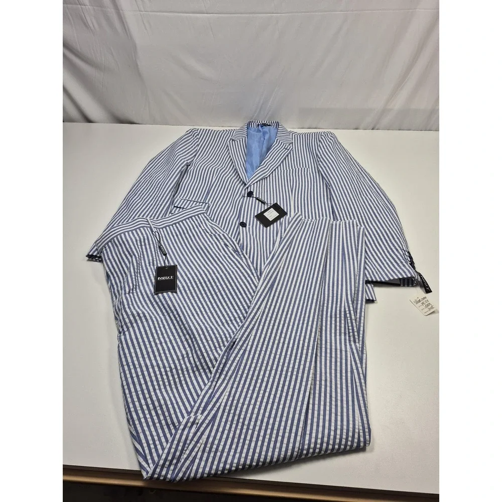 Inserch Suit Mens 54 Blue 100% Cotton Stripe Seersucker 2 Piece 48x36 NWT